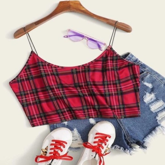 Red Plaid Crop Top XL Extra Large Plus SIze 14 Red Tartan Plaid Crop Top New - Picture 2 of 5